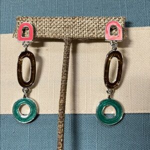 Pink, green and gold dangle earrings in Silvertone setting, S